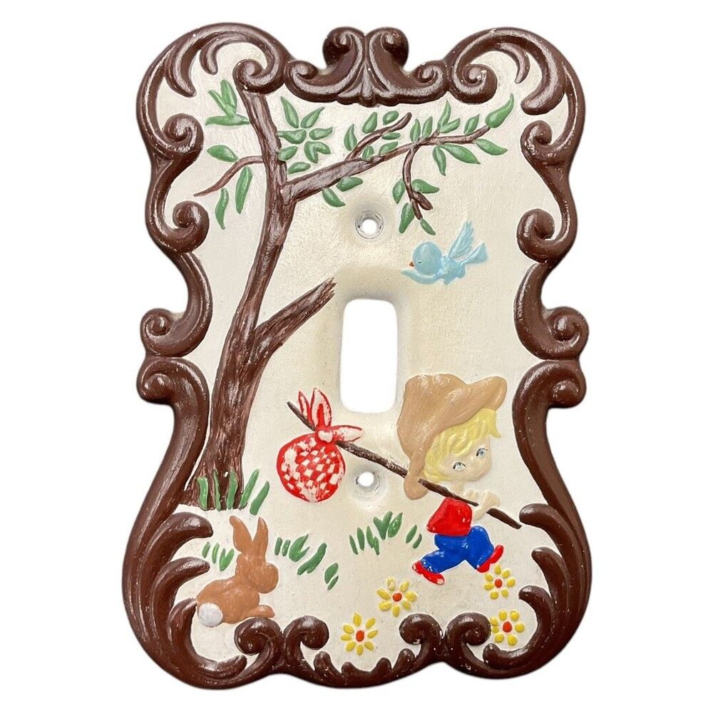 Vintage Holland Mold Ceramic‎ Wall Light Switch Cover Boy Adventure In The Woods